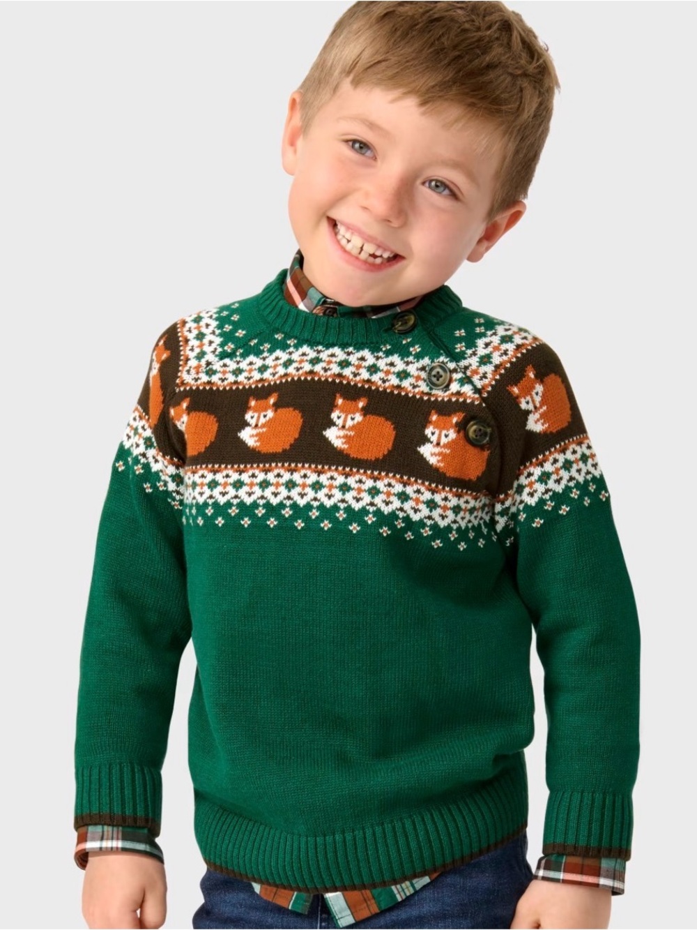 Gymboree Green Crewneck Sweater with Orange Fox Fair Isle - Picture 5 of 5